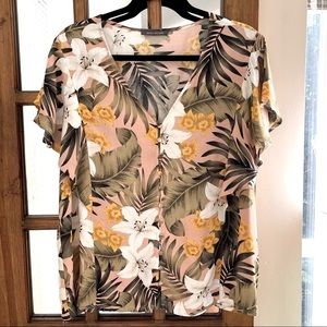 Suzy Shier Floral Tropical Print Flutter-Sleeved Button-Down Shirt/Top Size US L